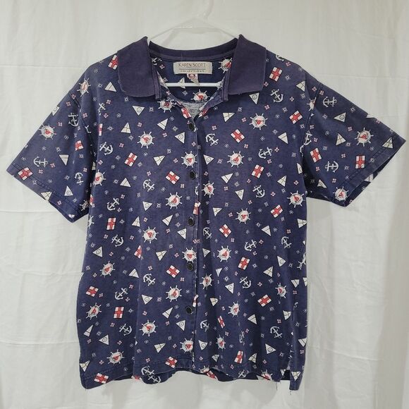 Karen Scott size medium blue short sleeve button up collared nautical theme top - Picture 1 of 6